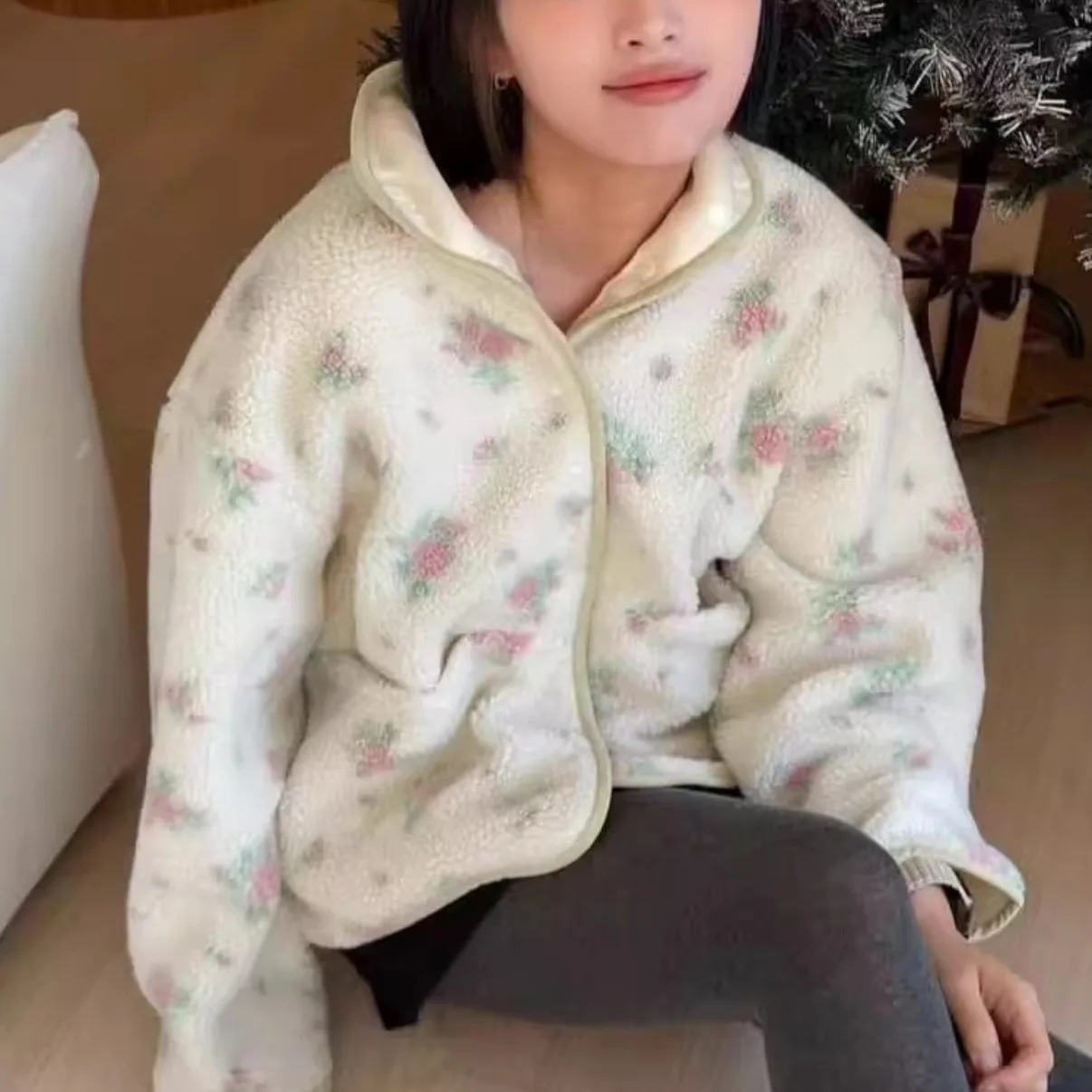 سترة نسائية أنيقة للخريف والشتاء بطباعة زهور، قميص مخملي، جاكيت حلو ورقيق وأنيق متعدد الاستخدامات يمكن ارتداؤه على الوجهين