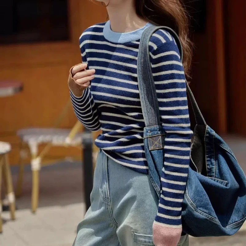 New Spring Autumn Women Spliced pullovers O-Neck Striped Fashion Loose Versatile Minimalist Casual Long-sleeved Knitted Top