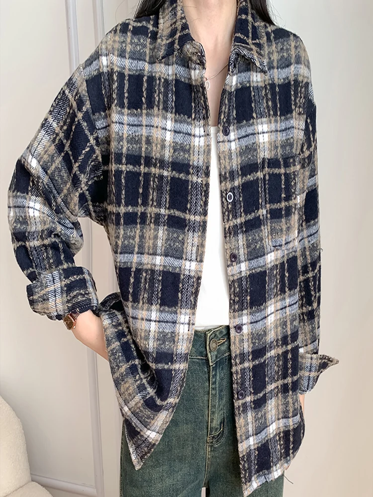 새로운 패션 가을 겨울 캐주얼 루즈 긴 소매 여성 체크 셔츠, 빈티지 여성 스트리트웨어 코트, 여성 의류, 시크 탑스