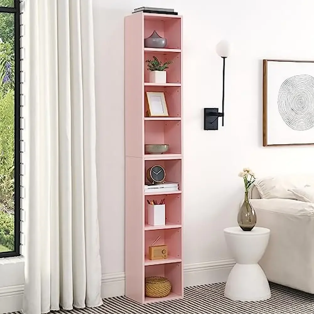 

8-Tier DVD Shelf Tower Detachable CD Media Rack with Adjustable Shelves Durable Wood Look Bookshelf Slim Storage Cabinet Bedroom