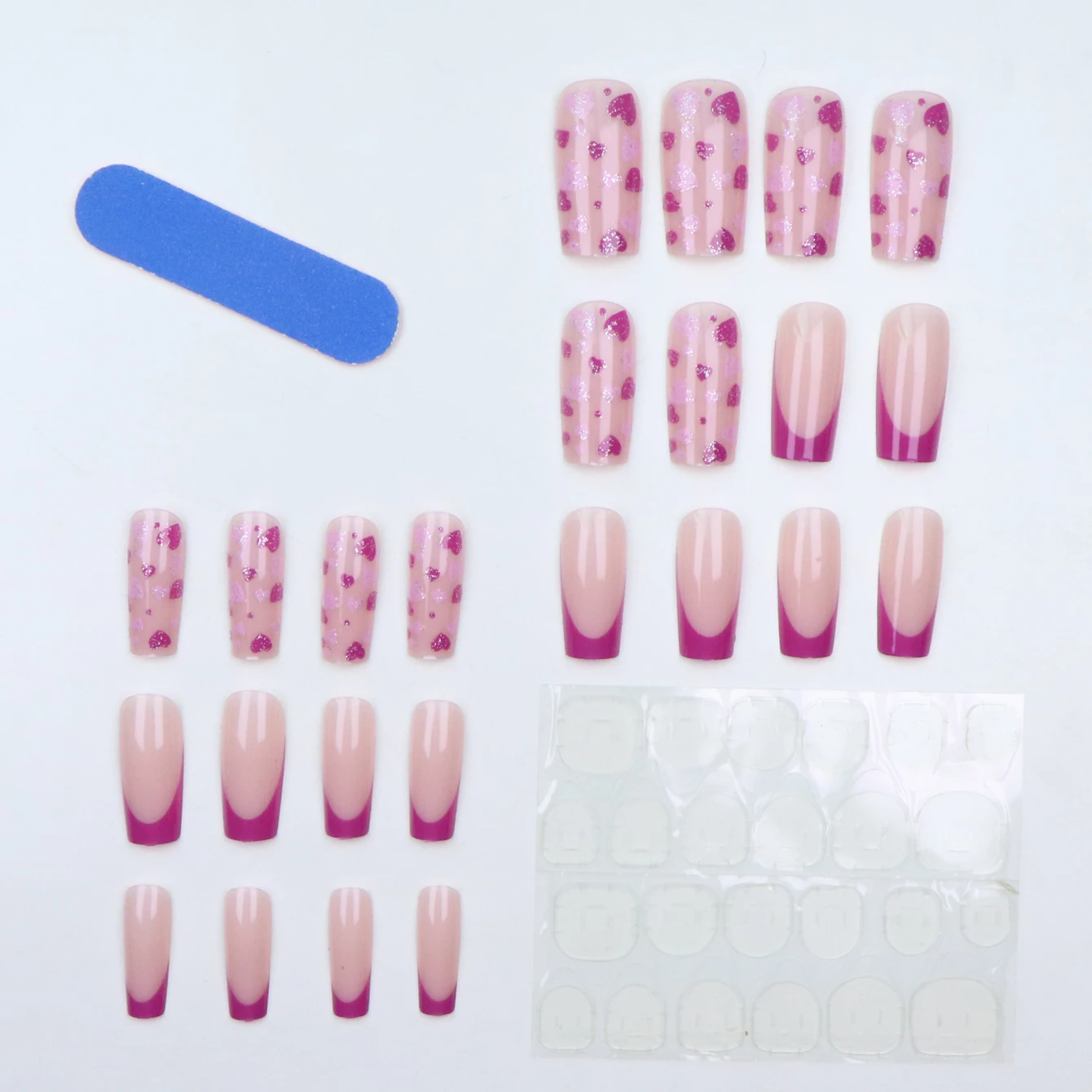 24-teiliges Künstliches Nagelset mit rosa französischem herzförmigem Design, 1-teiliges Nagelfeile- und 1-Nagelkleber-Aufkleber-Set für Nägel