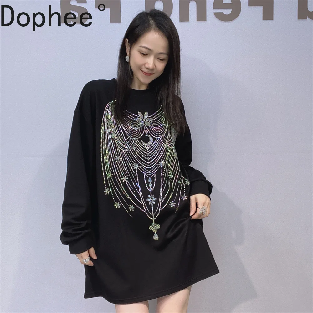 

Новая осенняя женская футболка с ленивым ветром и горячим сверлением, модный пуловер большого размера средней длины, топ с круглым вырезом, повседневные базовые футболки с длинными рукавами