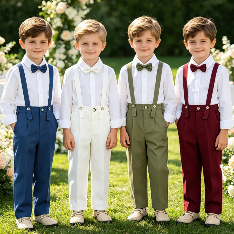 Boys Suspender Formal Outfit White Shirt Trousers Matching Bow Tie Wine Black Kids Wedding Ring Bearer Stage Photo Costume 3-12Y