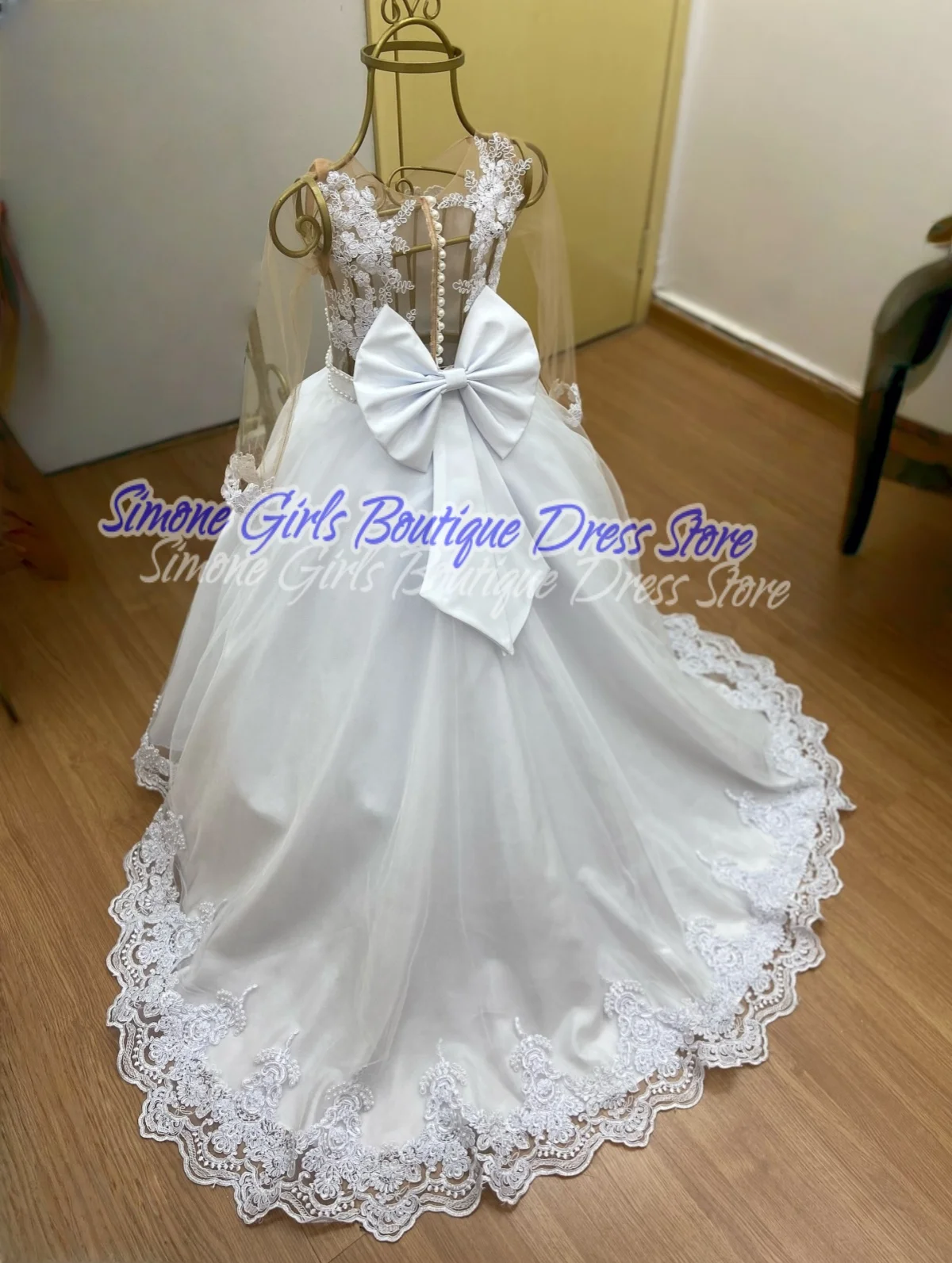 Pearl sequined decoration Lace splicing Long sleeves  Flower Girl Dress for Birthday Dance Party Piano performance Holiday