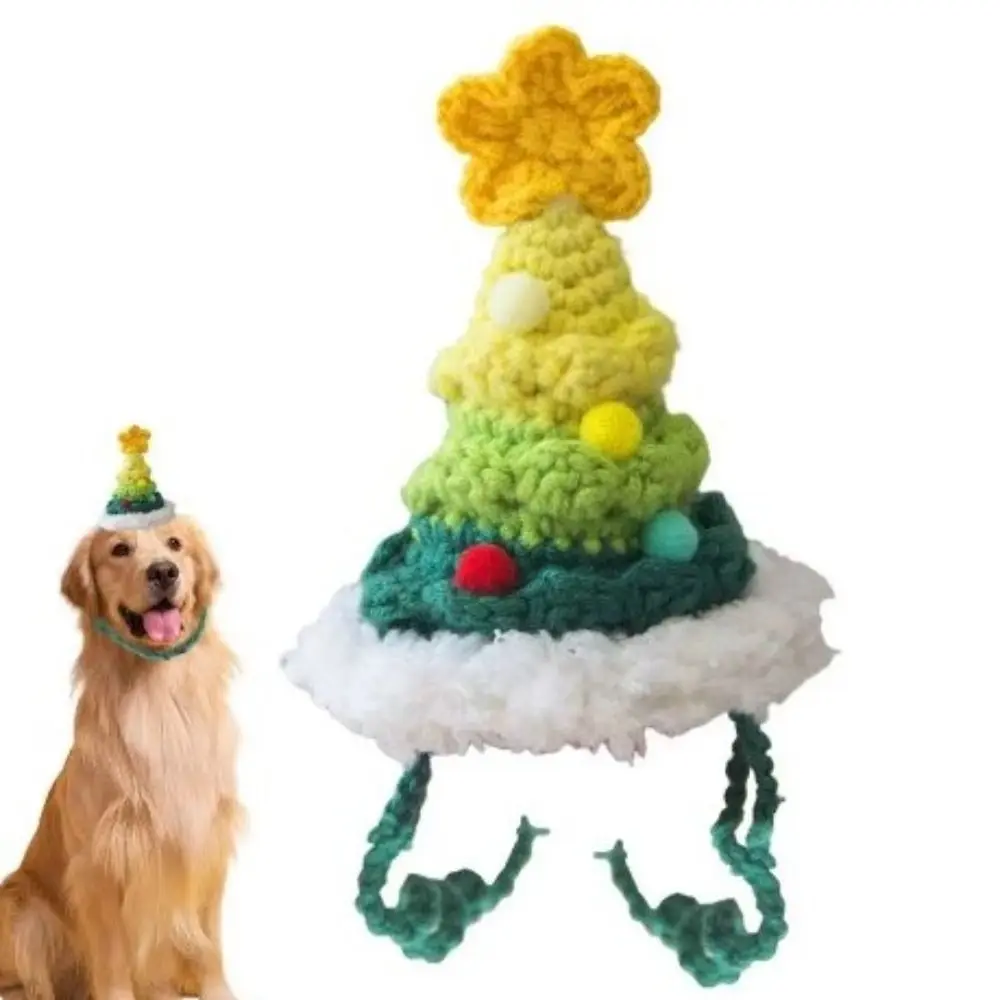 Divertido gorro de Navidad tejido de lana para mascotas con forma de árbol de Navidad gorros suaves para perros lindo gorro ajustable para gatos invierno