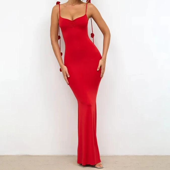 فساتين نسائية لجميع المواسم أنيقة بلون سادة بدون أكمام ورقبة على شكل قلب ملفوفة فساتين سهرة رسمية طويلة