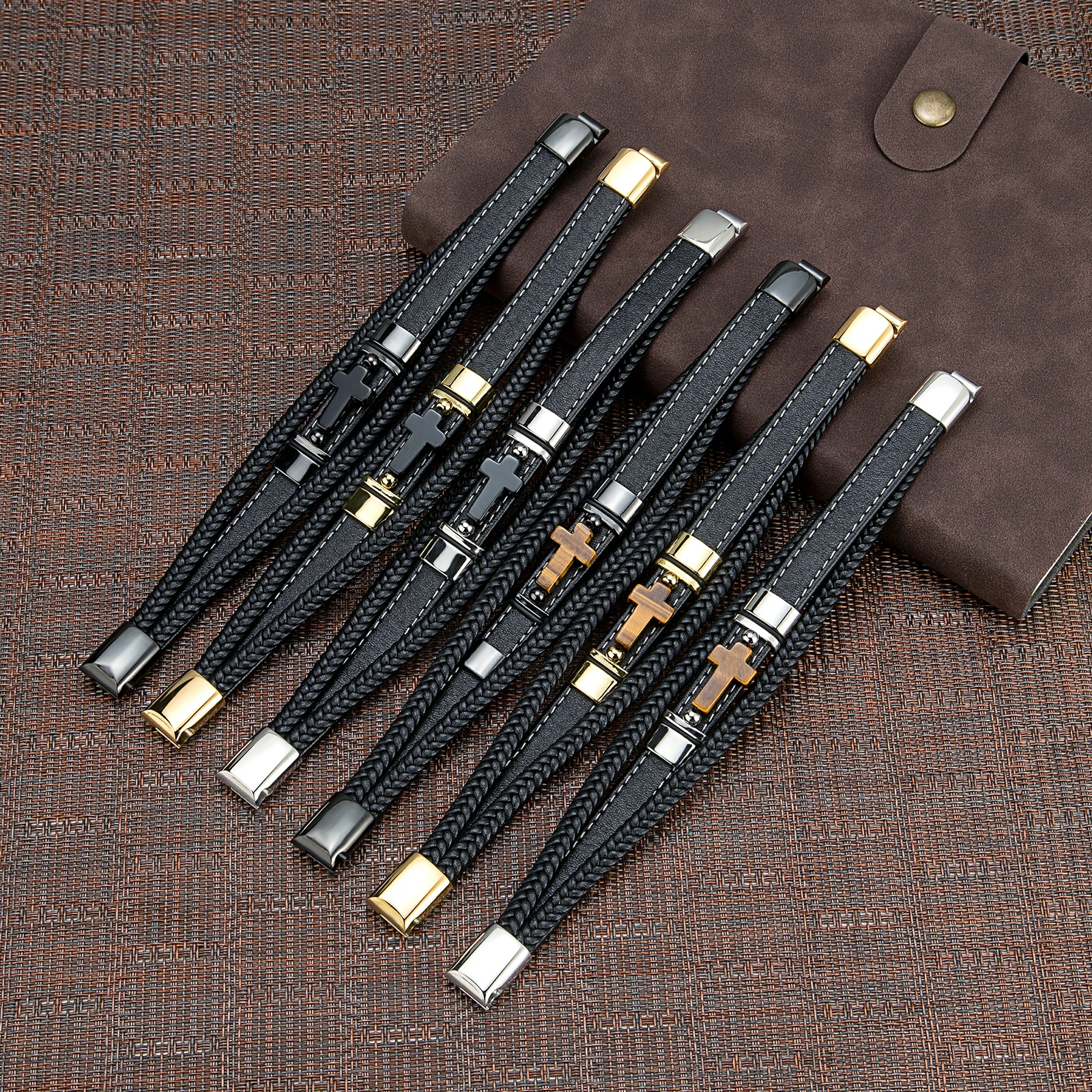 2023 New Vintage Style Cross Natural Tiger Eye with Stainless Steel Casual Collocation 3 Layer Black Leather Cord Mens Bracelet