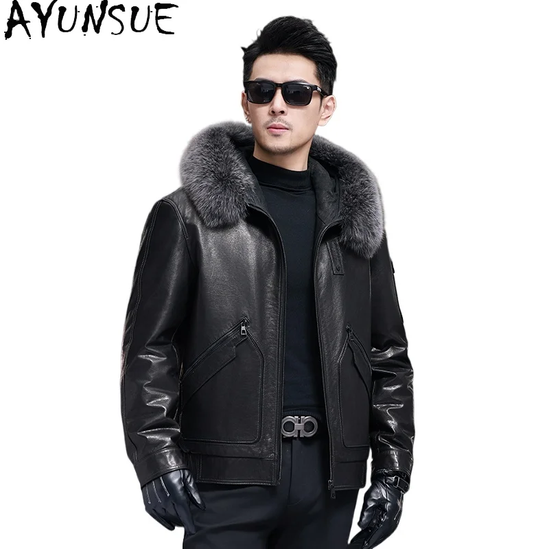 

AYUNSUE Genuine Cowhide Leather Jacket Man Hooded Winter 90% White Goose Down Coat Detachable Fox Fur Collar Warm Puffer Coats