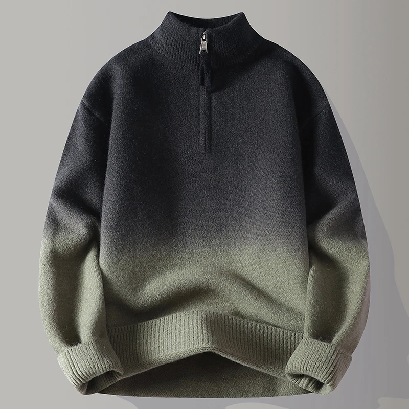 men's autumn winter long sleeves knit sweater mock neck zipper gradient pullover leisure fashion trend youth men's clothing tops