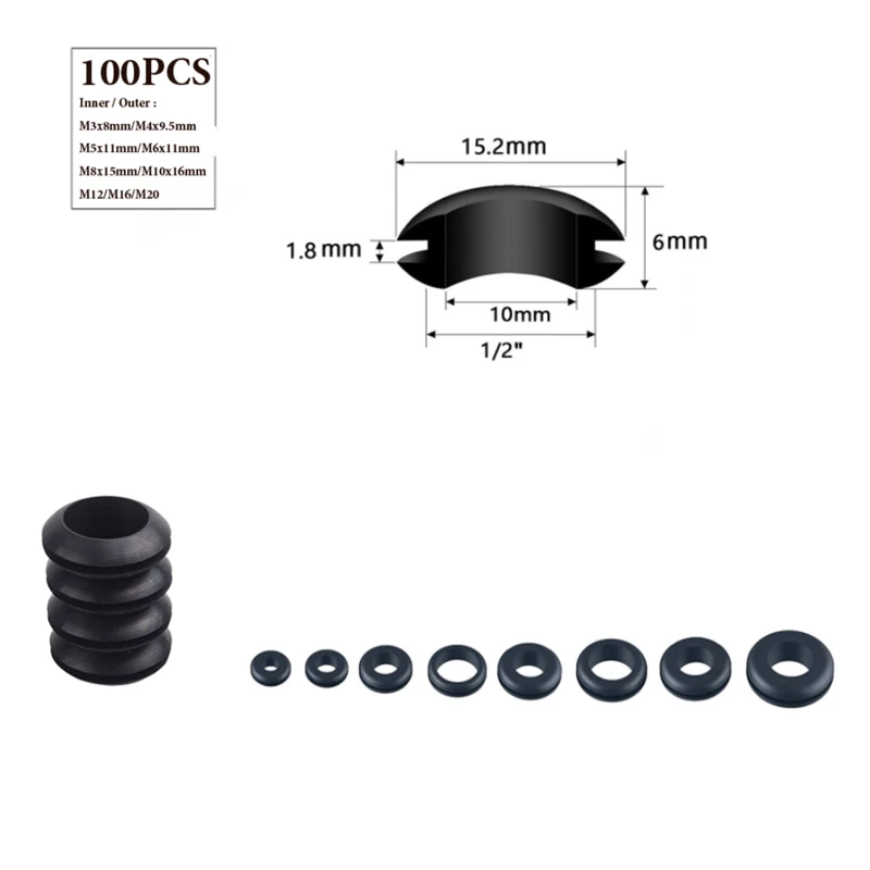 50/100pcs Rubber Grommet Blanking Hole Wiring Cable Gasket Rubber Seal Assortment  for Protects Wire Cable Hardware Tools