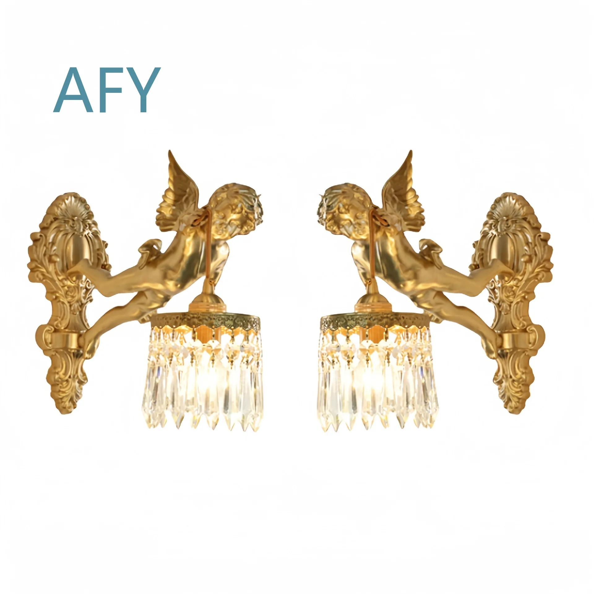 European Style All-Copper Angel Wall Lamp for Living Room Bedroom Study Aisle Staircase Background Wall Brass Crystal Retro