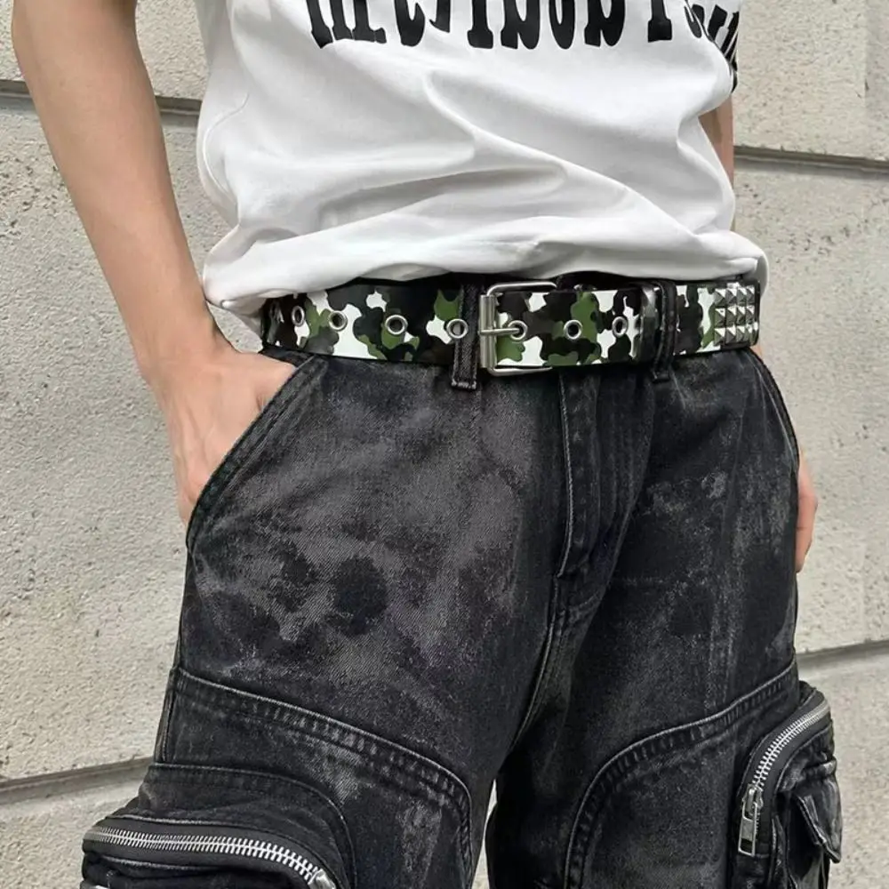 PU Leather Studded PU Belt Print Rivet Decor Waist Belt Metal Alloy Buckle Unisex Design Hip Hop Waist Belt For Men Women