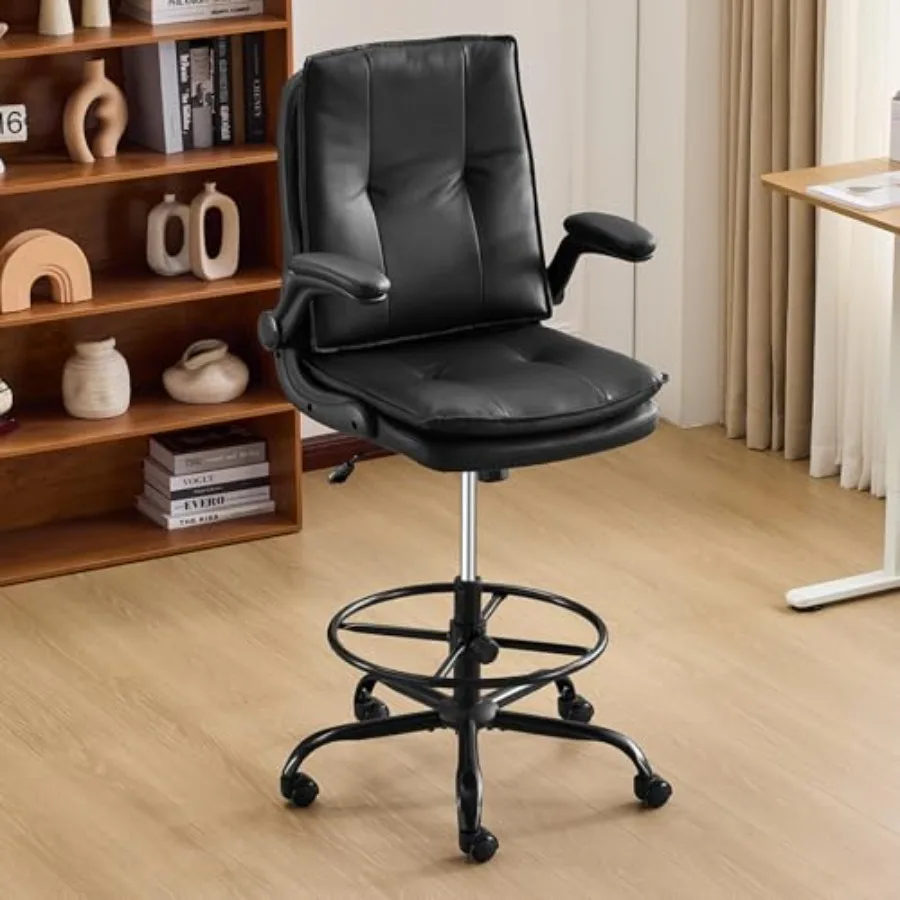 Drafting Chair Height Adjustable for Standing Desk PU Upholstered Tall Office Swivel Desk Chair with Flip-Up Armrests Ergonomic