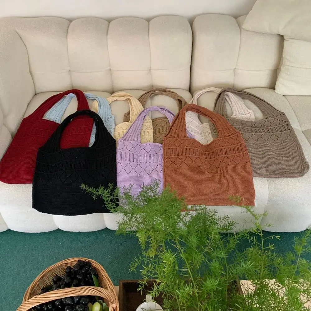 Simple Hollow Knitted Handbag Solid Color Shopping Bag Crochet Tote Bag Storage Bag Large Capacity Love Shoulder Bag Outdoor