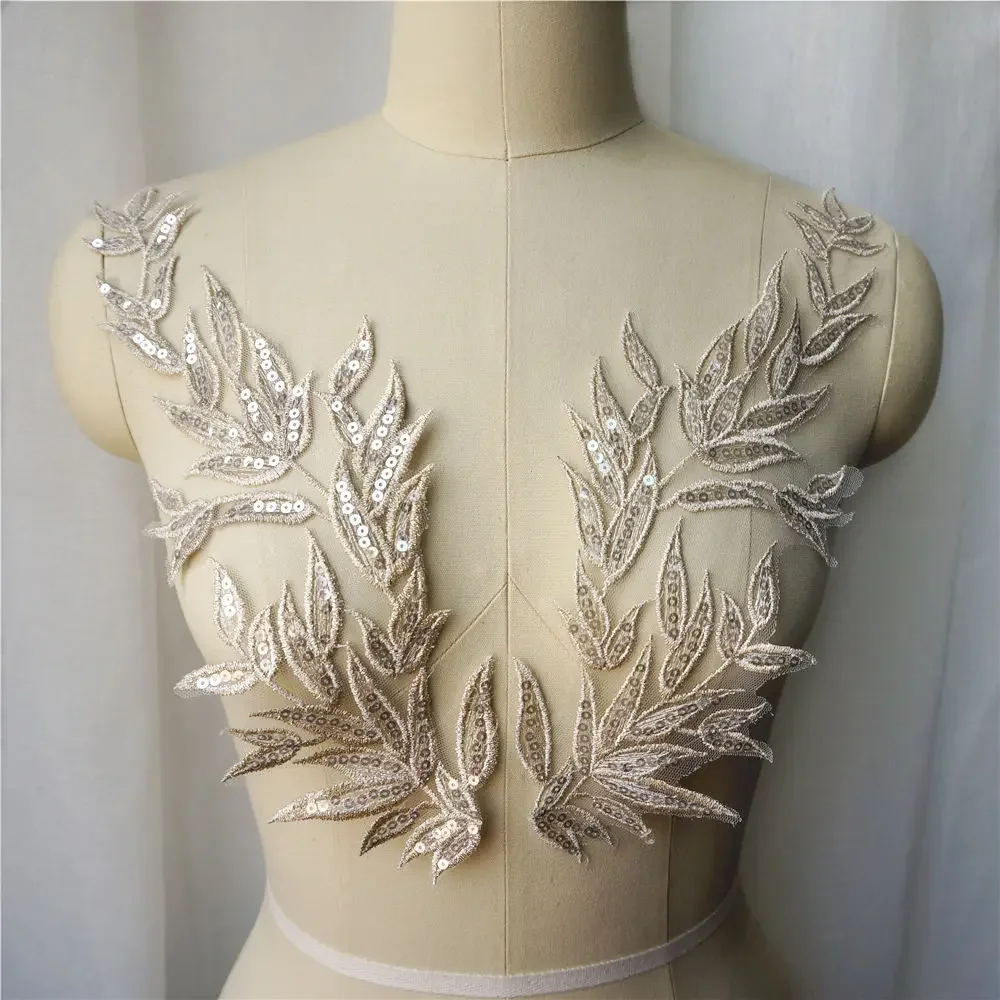 2PCS Light Gold Leaf Leaves Lace Fabric Sequin Embroidered Gown Appliques Collar Sew Patches For Wedding Decoration Dress DIY