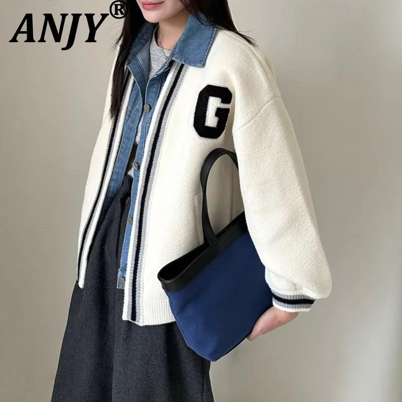 

ANJY 2025 Autumn Winter New Women Spliced Denim Knitted Cardigan Ins Elegant Fresh Trendy Casual Chic Tide Sweater Jacket A14340