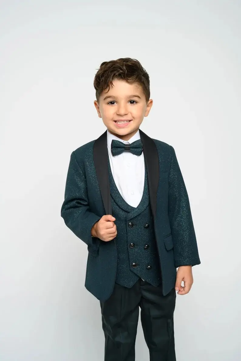 Costume de soirée à paillettes vert foncé pour garçon, 3 pièces, Tuxedos de dîner, pour fête de mariage, anniversaire