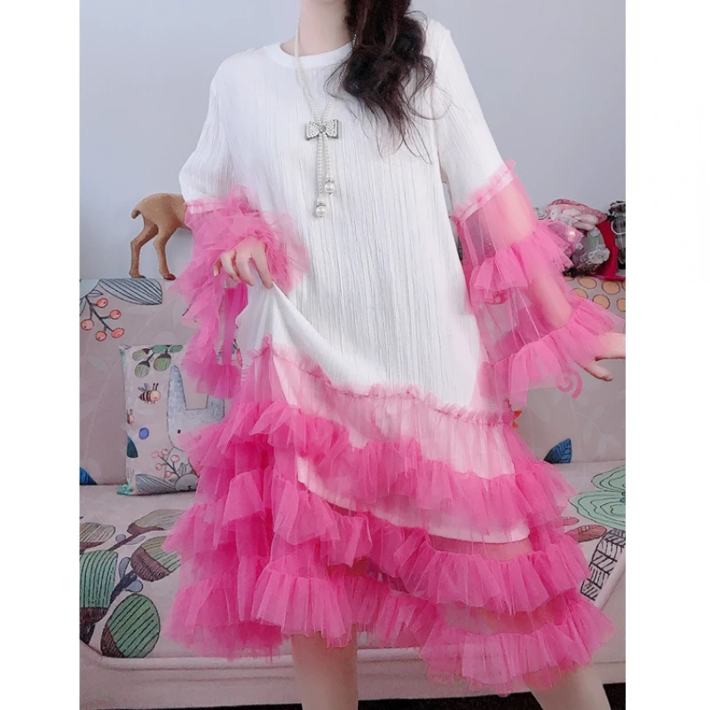 Summer Color Contrast Mesh Spliced Lace Pleated T-Shirts Multi Layered Ruffles Hem Tees Dress Fluffy Flare Sleeve Dress Vestidos
