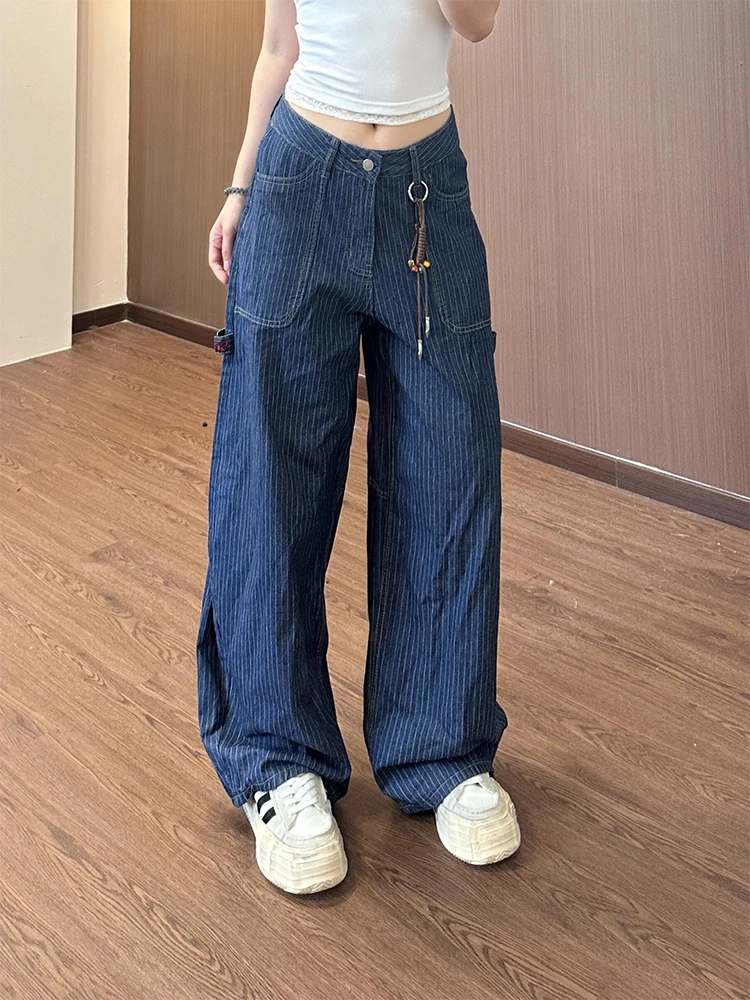 American Style Spliced Deconstructed Striped Women's Jeans Multi-Pocket Design Wide Leg Workwear Trousers Casual Loose Fit