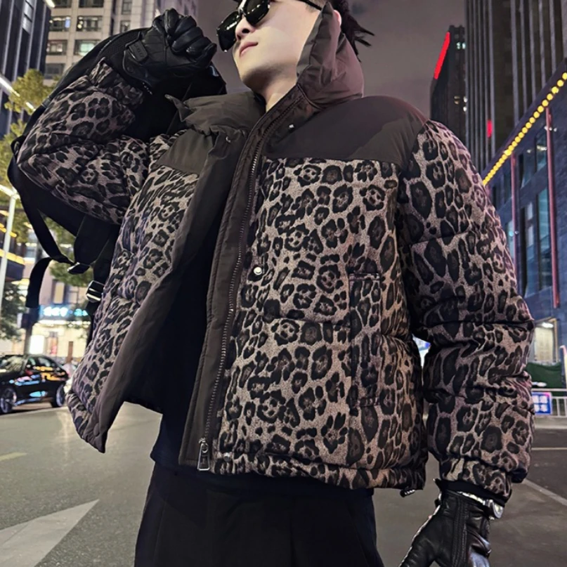Korean Spliced Leopard Print Cotton Jacket for Men Winter Thick and Warm Casual Parka Coat Social Streetwear Hip Hop Jacket
