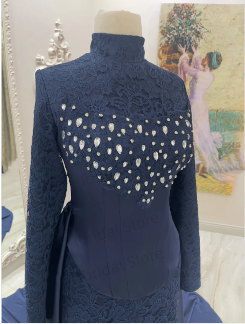 Personalizado alto nick vestidos de baile chique vestido de noite para ocasiões especiais cetim grânulo renda bordado mangas compridas vestidos de festa