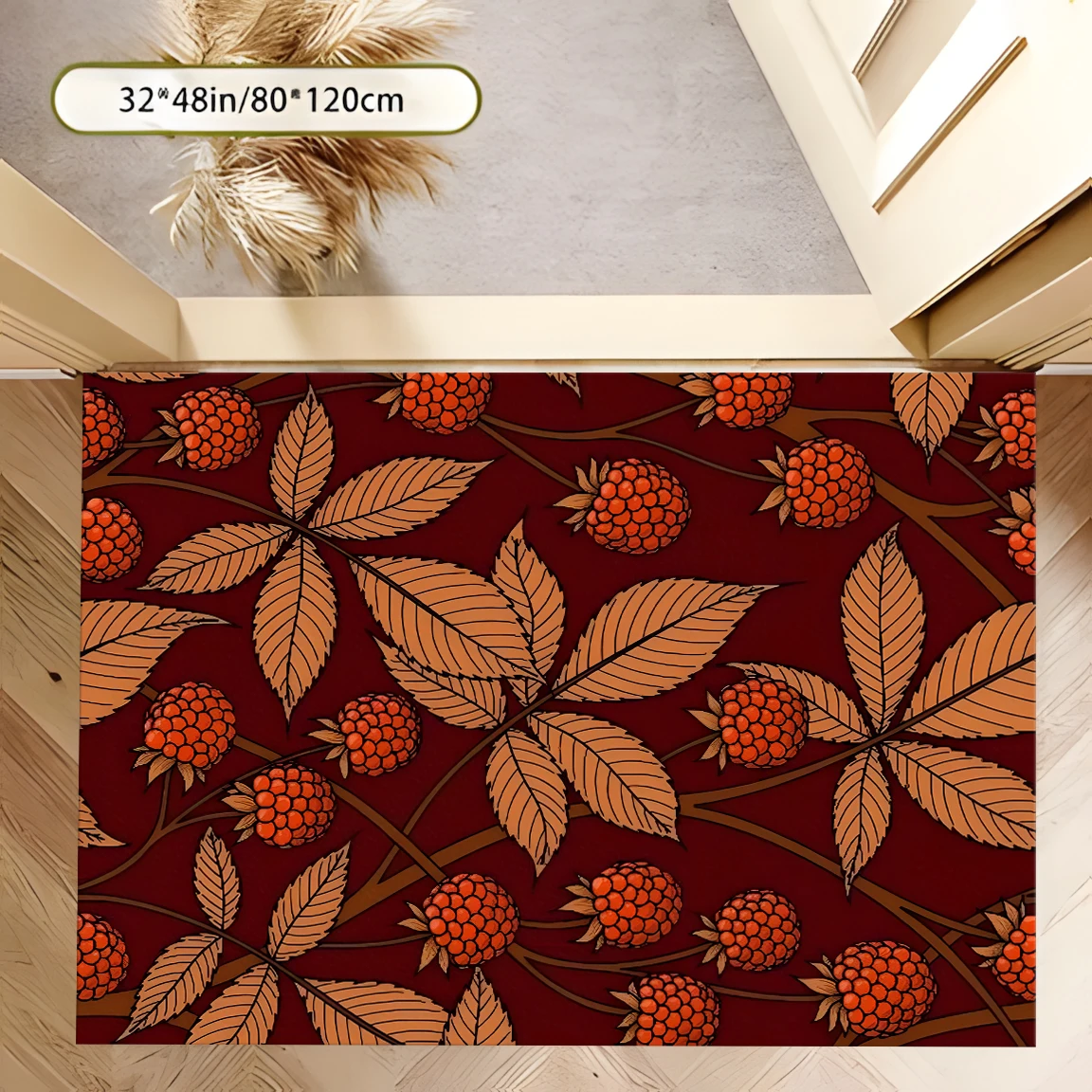 2D Large Carpet Red Background Berry Leaf Retro Warm Tone for Living Room Bedroom