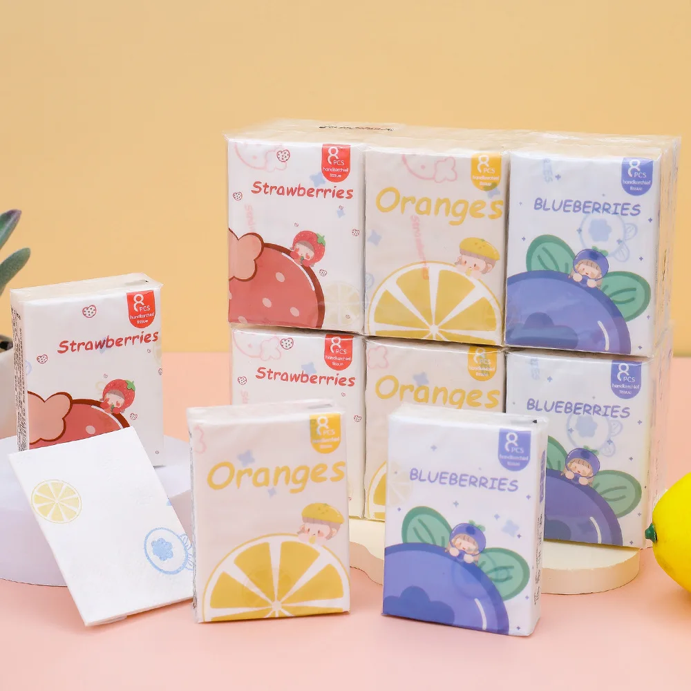 9 unids/pack flor y fruta Mini pañuelo de papel estudiante portátil bolsillo tejido dibujos animados impreso papel higiénico para limpieza diaria