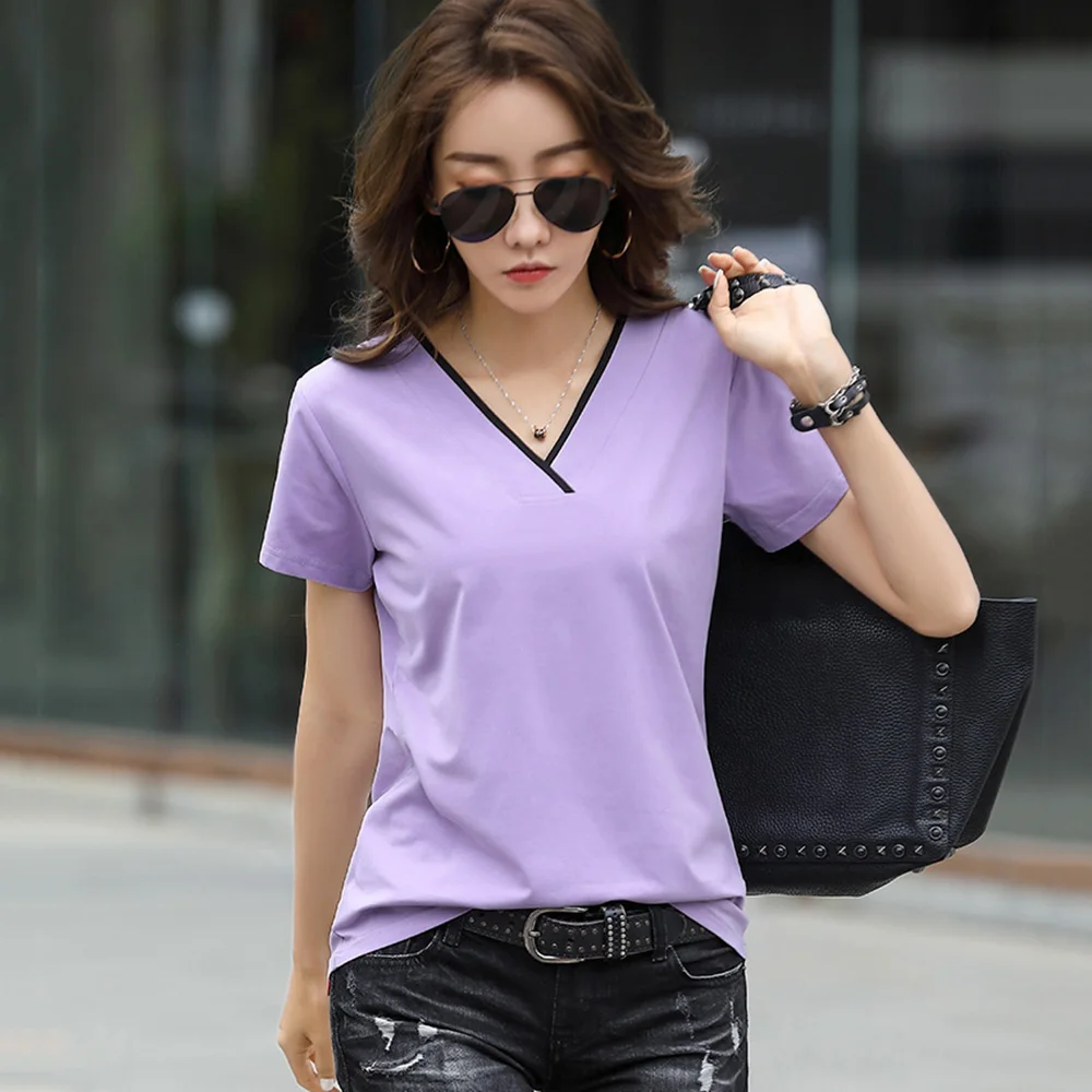 New Women V-Neck T-shirt Summer Fashion Short Sleeve Patchwork Neck Loose Cotton Tees Tops Casual Simplicity Violet T-shirt