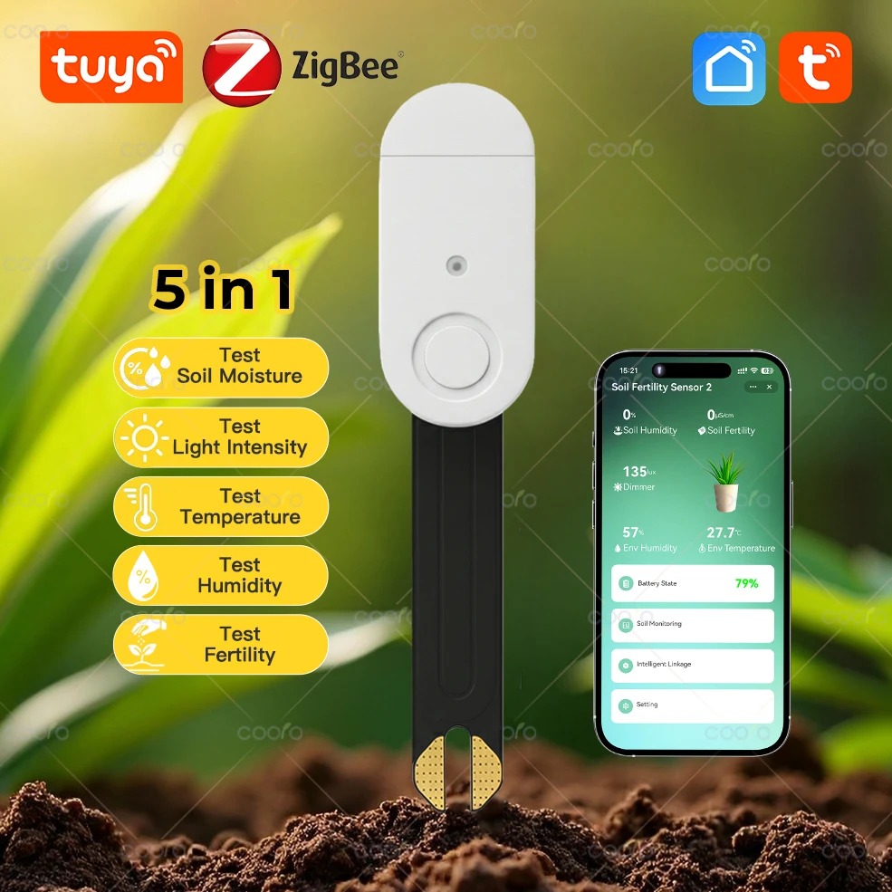 

Tuya Zigbee Soil Water Tester 5 in 1 Soil Moisture Temperature Humidity Fertility Illuminiance Sensor Flower Plants Testing Tool