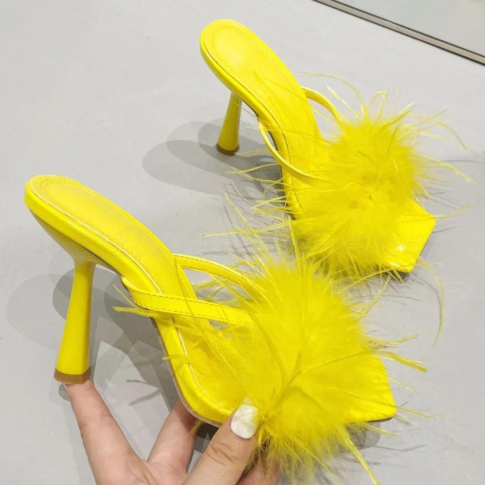 Feather Decor Split Toe Slippers Yellow Thin Heels Shoes for Women Patent Leathers Shoes for Summer 2025 Zapatos Para Mujere
