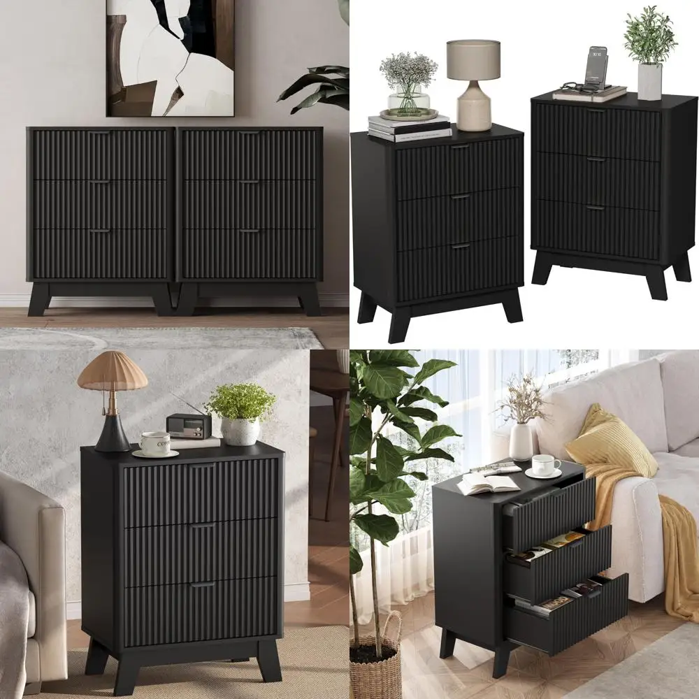 منضدة خشبية مخددة حديثة بثلاثة أدراج من منتصف القرن مع مقابض معدنية، مجموعة طاولة بجانب السرير ونهاية