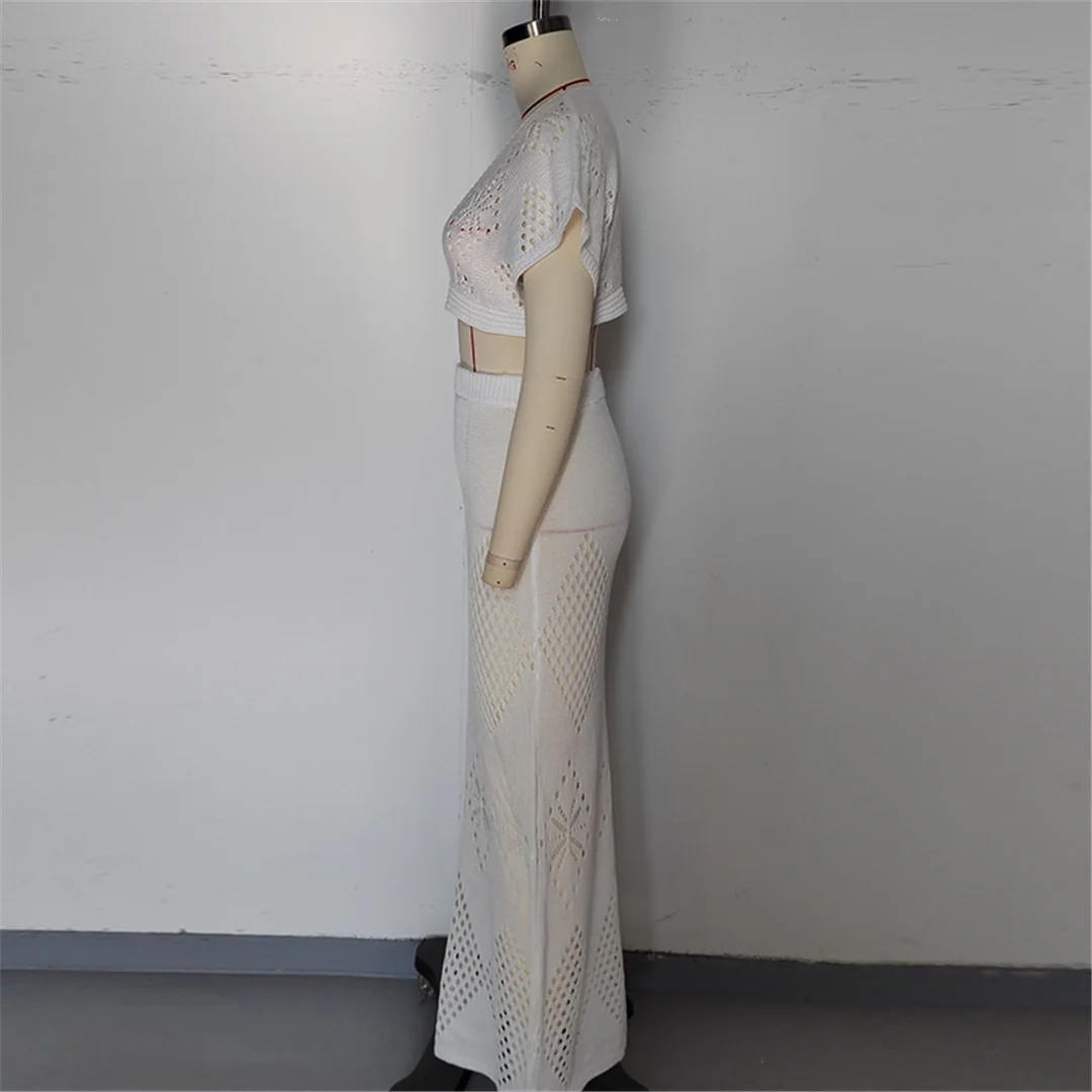 V-Ausschnitt, kurze Ärmel, gehäkeltes Strickmuster, zweiteiliges Set, Strandkleid, Strandmode, Strandbekleidung, Strandüberwurf, Damen, V6703 – Detail 15