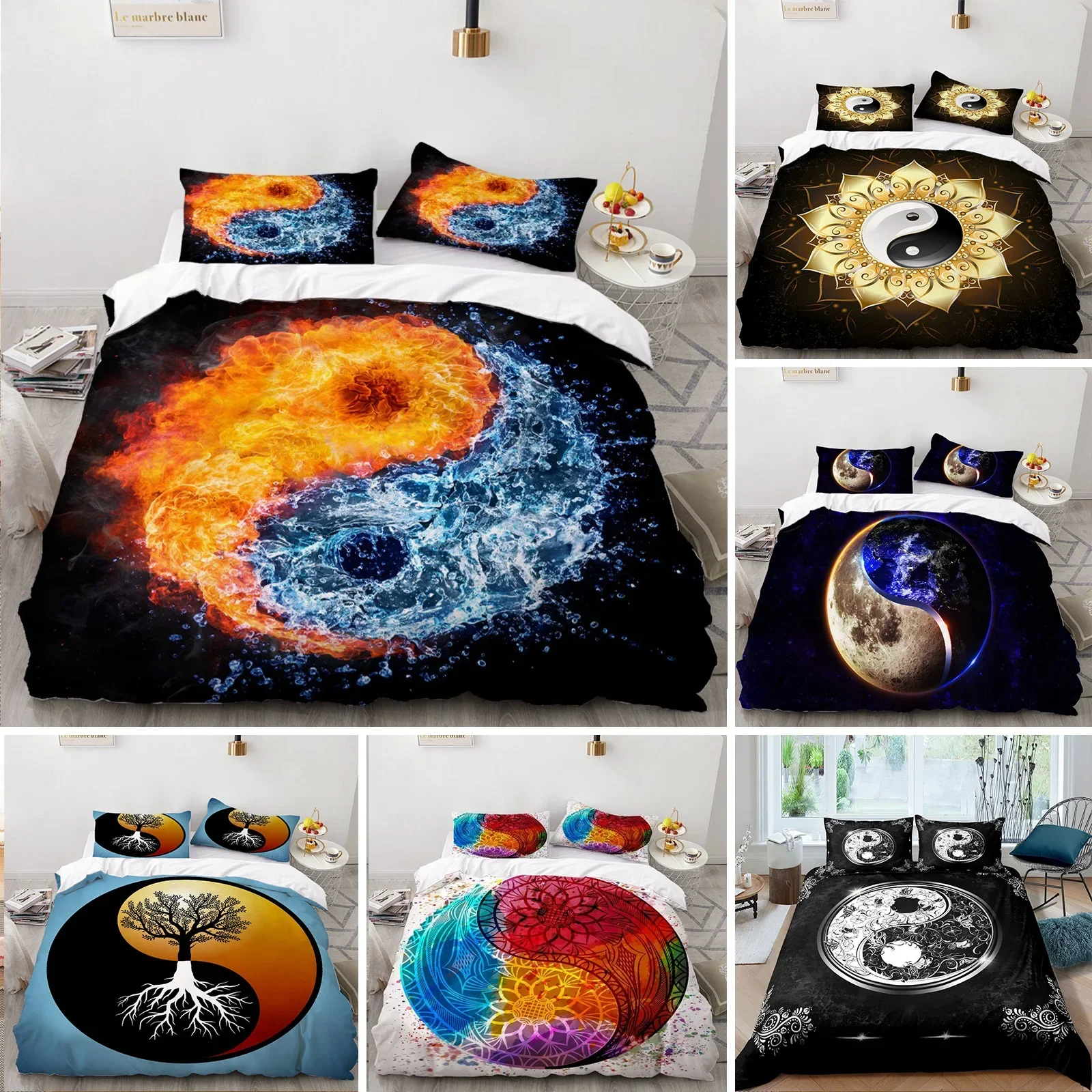 Yin Yang Mandala Bohemian Lotus Tai Chi Bagua Comfortable Duvet Quilt Cover Pillowcase Bedding Set Children Bedroom Decoration