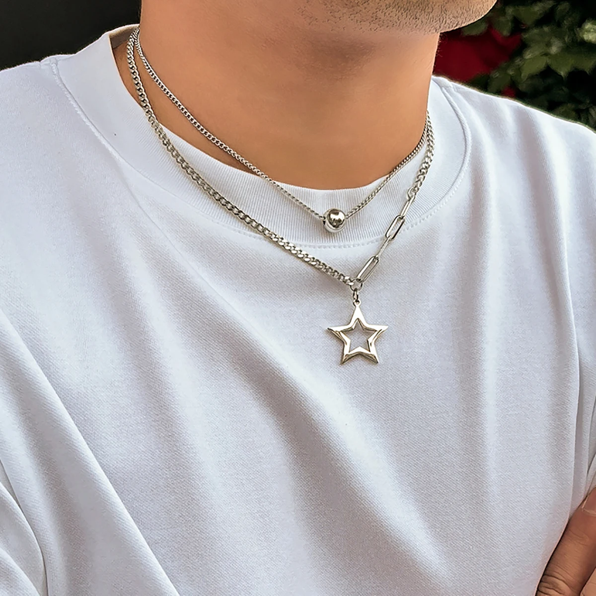 Salircon Titanium Steel Casual Star Pendant Necklace Men\'s Trend Double-layer Link Chain Short Necklace Punk Hip-hop Jewelry