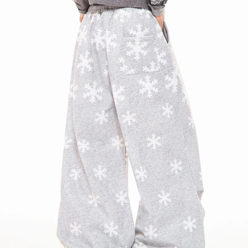 الأمريكية رمادي ندفة الثلج طباعة كاملة الصوف سراويل تقليدية نسائية 2025 شتاء جديد فضفاض متعدد الاستخدامات الدافئة واسعة الساق بنطلون السيدات #3