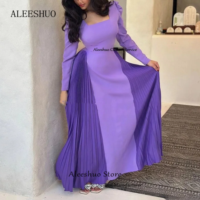 Aleeshuo-vestido de fiesta recto púrpura clásico, vestido de noche plisado de manga larga, cuello cuadrado, vestido de fiesta Formal hasta el tobillo, Arabia