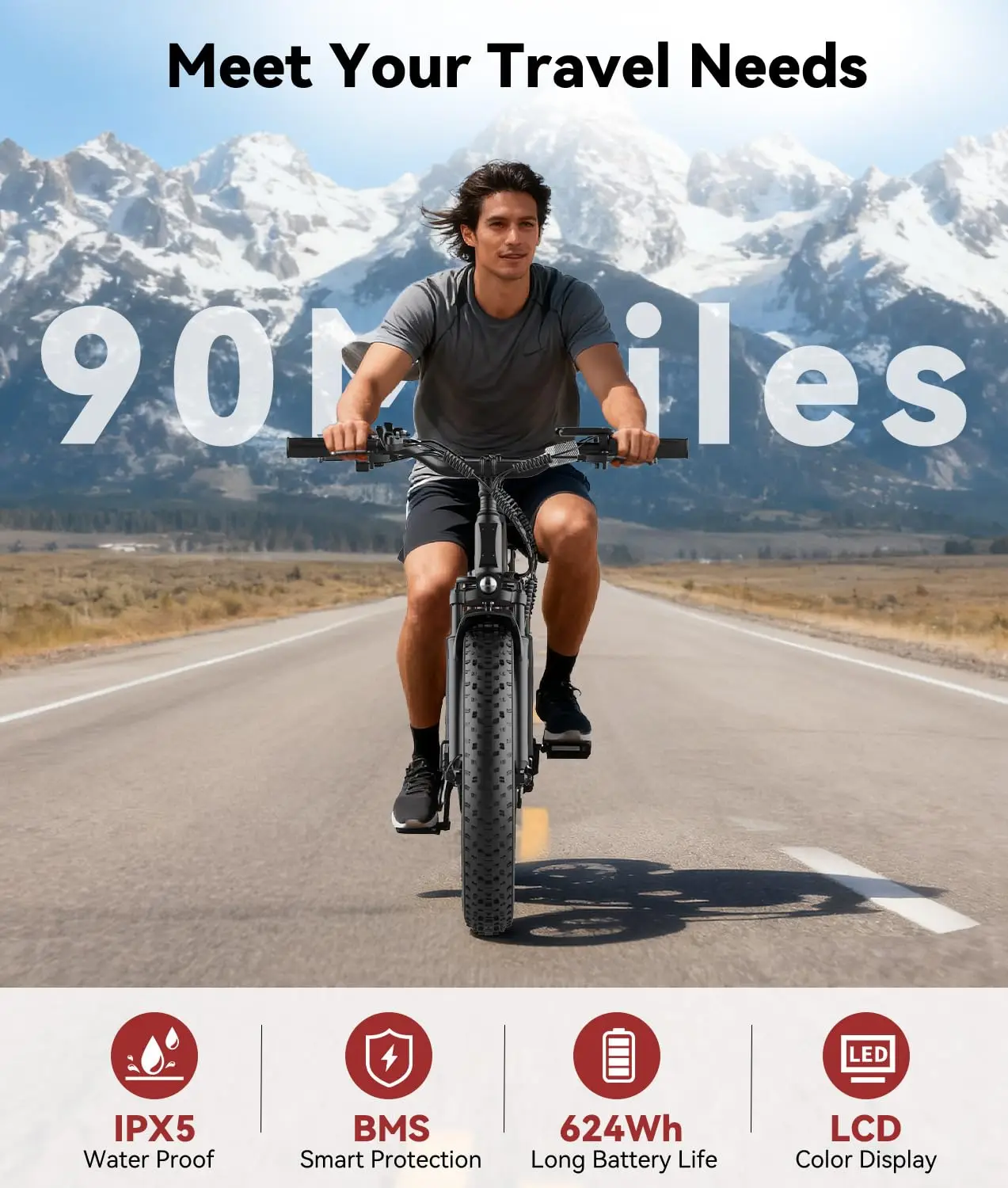 

28 MPH Electric Bikes for Adults 1200W Peak Motor EBike 26 inch 90 Miles Max Range Mountain Ebikes with 48V, Customized