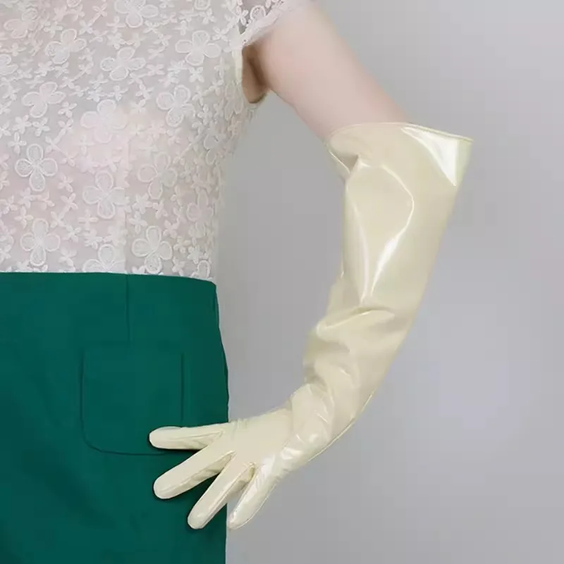 

Women's Runway Fashion Patent Beige PU Leather Long Glove Lady's Club Performance Formal Party Dancing Glove 50cm R1178