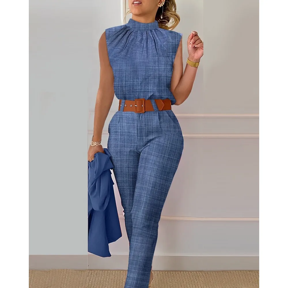 Elegante camicia e pantaloni con colletto alla coreana Set di due pezzi per donna 2024 Set di pantaloni senza maniche con stampa floreale alla moda