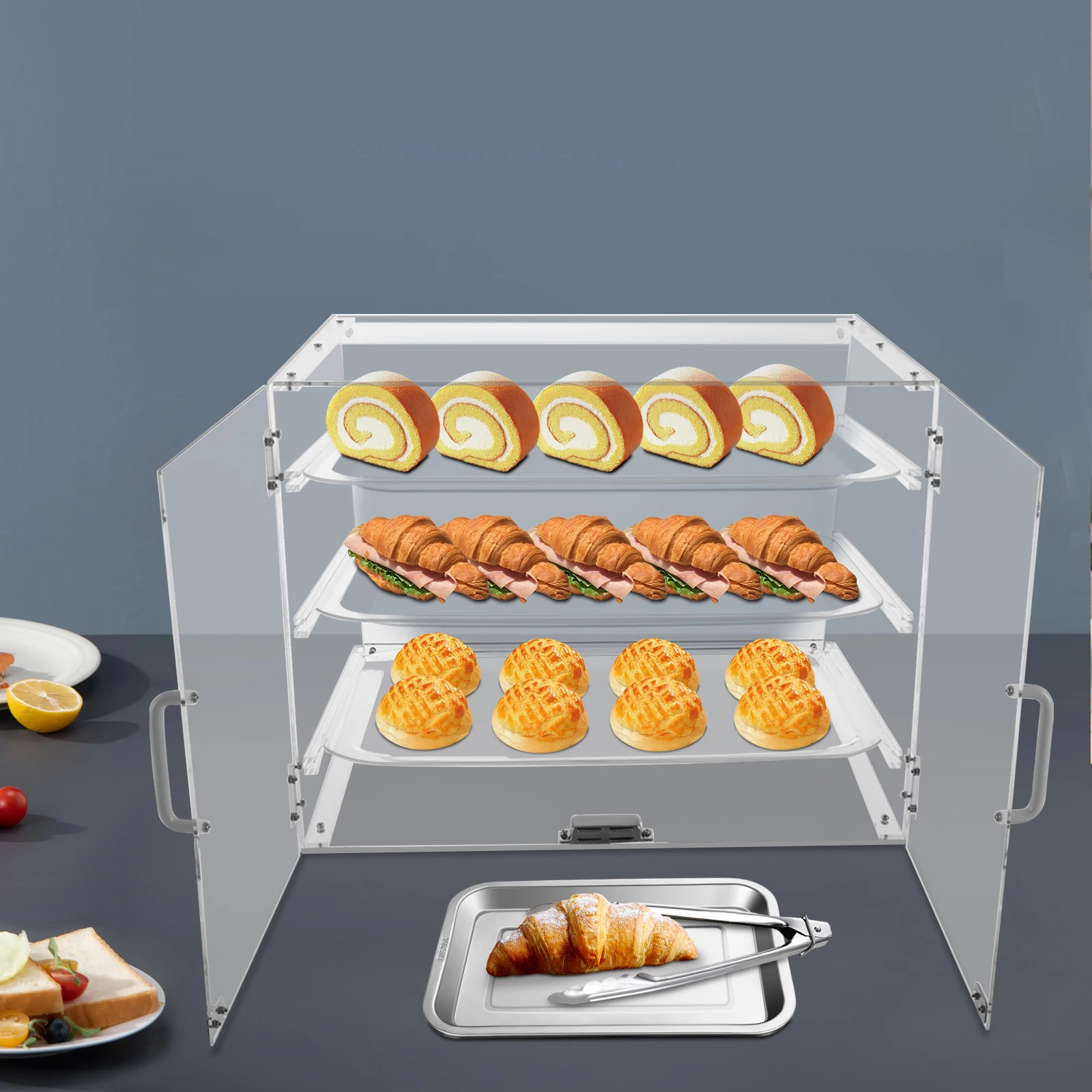 

3 Levels Clear Pastry Display Case Commercial Acrylic Bakery Display Case with Anti-Top Edge Slot for Bakeries Snack Shops