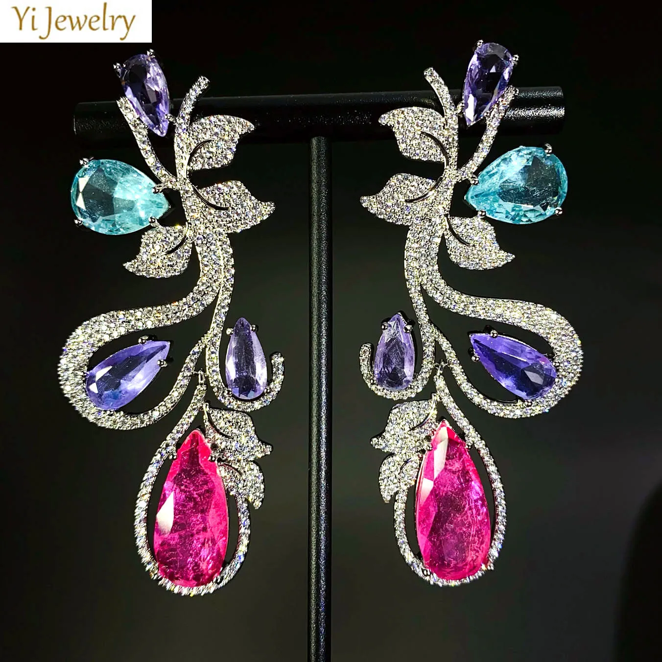 zircon large Long Earrings Wedding Bridal Jewelry Silver Gold Color Flowers Pendant Earrings fushia red