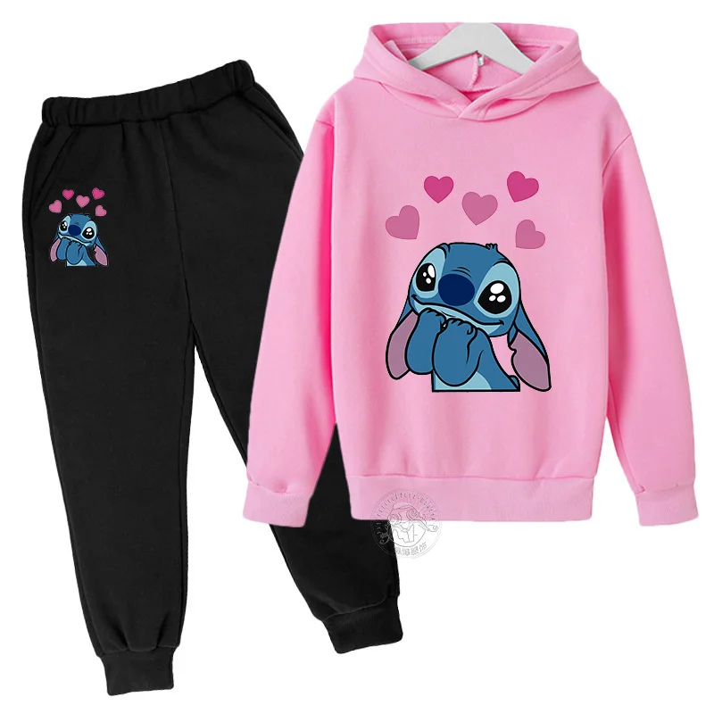 

Disney Stitch Kawaii children's suit street fashion boys and girls suit sports pullover + sweatpants two-piece sports suit