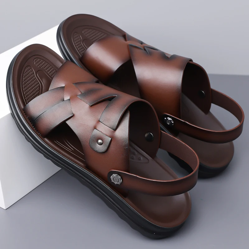 

Men's Summer Shoes Outdoor Two-way Wear Slippers Sandals Men Leather Beach Shoes Large Size 39 48 Slip-On Casual