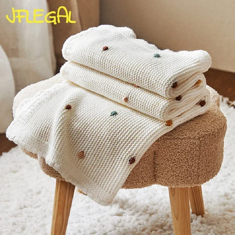 JFLEGAL 100*70cm Cotton Knitted Sofa Throw Blanket Baby Nap Air Conditioning Blanket Pompom Soft Blankets for Bed Picnic Blanket