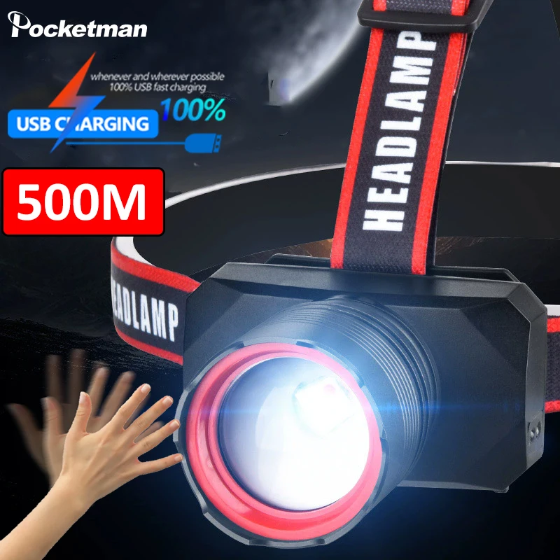 New Three-light Source Red/White/UV Light Smart Motion Sensor Headlamp Telescopic Zoom Headlight USB Rechargeable Head Lamp