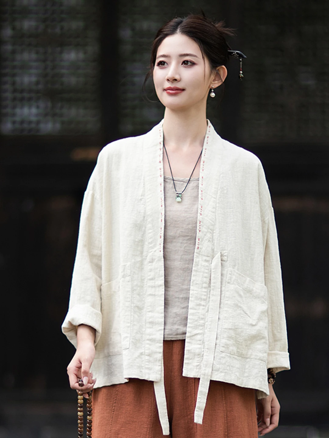New Chinese Style Women's Cotton Linen Tea Ceremony Outerwear Open Cardigan Buddhist Style Retro Jacket with Belt Slanting