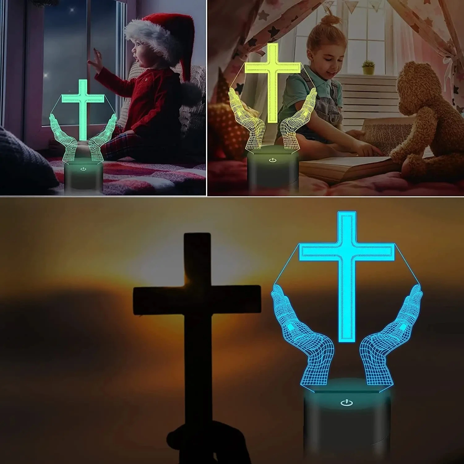 Jesus Cruz 3D LED Night Light, Crucifixo Nightlight, Ilusão de Óptica, Luminária de Mesa, Luminária de Mesa, Presentes para Amigos, Natal, Páscoa,