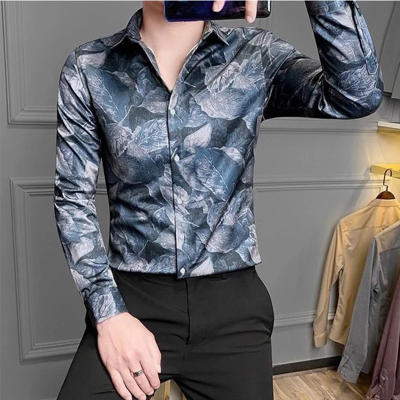 Summer Handsome Retro Loose Casual England Style Men\'s Shirt Irregular Print Polyester Button Lapels Long Sleeve Y2K Chic Tops