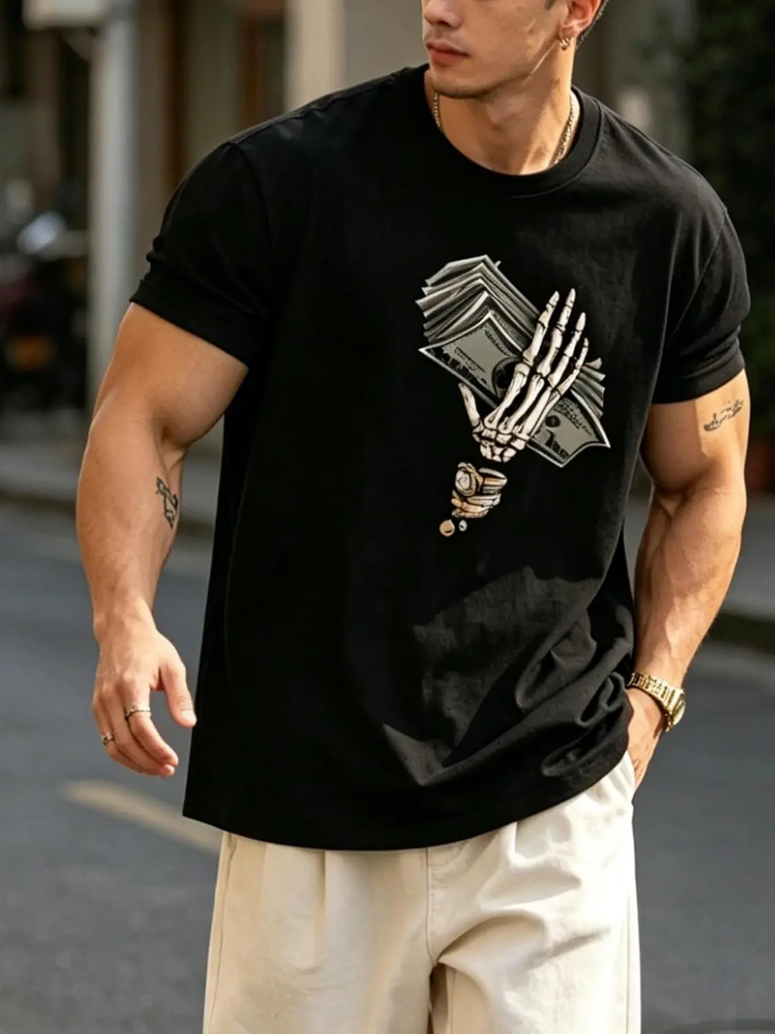 Mens T-Shirts Skeleton Hand Cash Print Gothic Streetwear Crew Neck Short Sleeve Casual Summer Graphic Tee For Men 100% Cotton Trendy Y2K Short-Sleeve Tee – Soft, Quick-Drying, All Occasion Casual  Suitable For Concert Party Hanging Out Sightseeing Trip