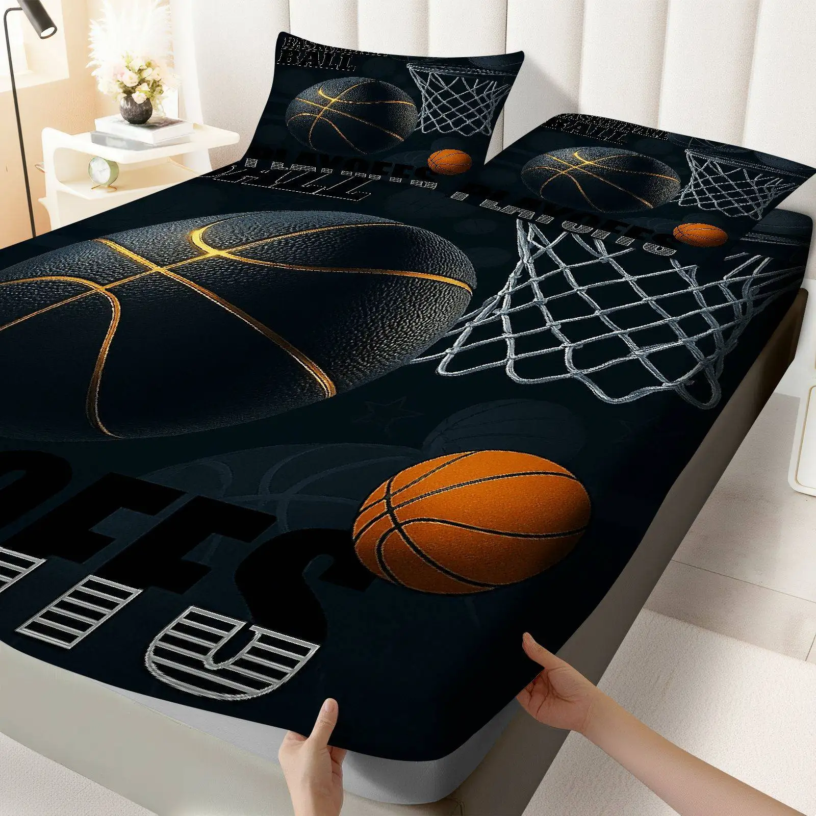 Customize 3pcs Basketball Playoffs Sports Fitted Sheet Three Piece Set (1*Fitted Sheet+2*Pillowcases, Coreless), Sports Theme, E